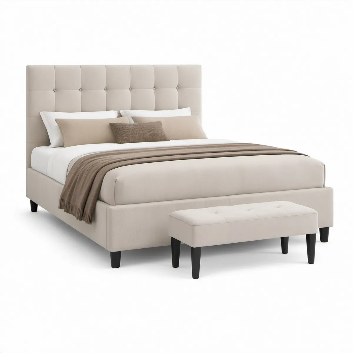 Polstret dobbeltseng med sengebænk 160 x 200 cm i beige med sorte ben