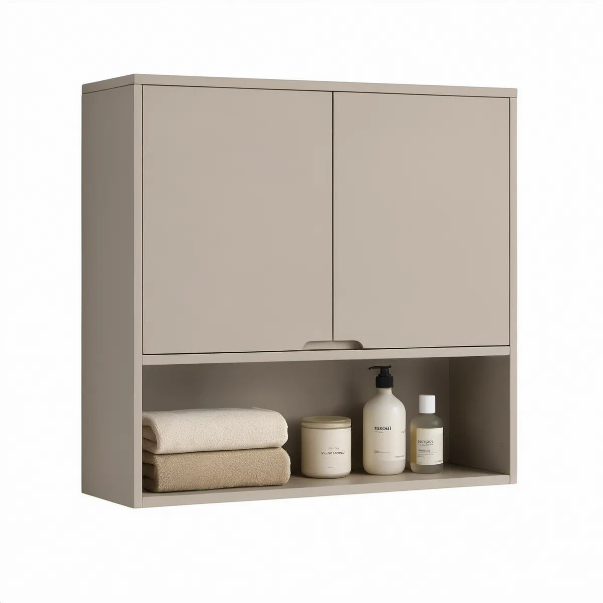 Væghængt badeværelsesskab med 2 låger og åben hylde, 60 x 60 x 15 cm, taupe