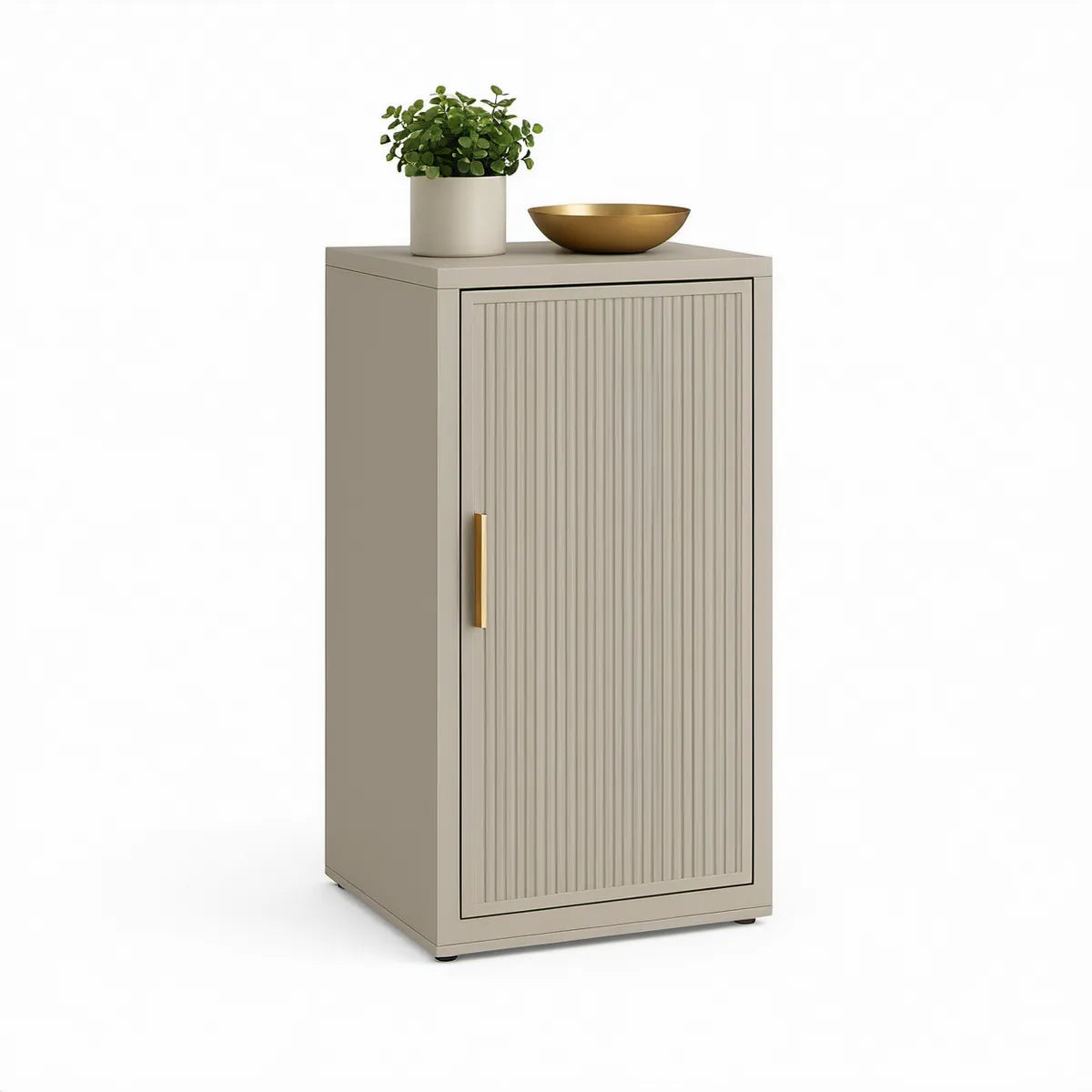 Beige MDF-skab med rillet låge og guldfarvet greb, 40 x 40 x 90 cm