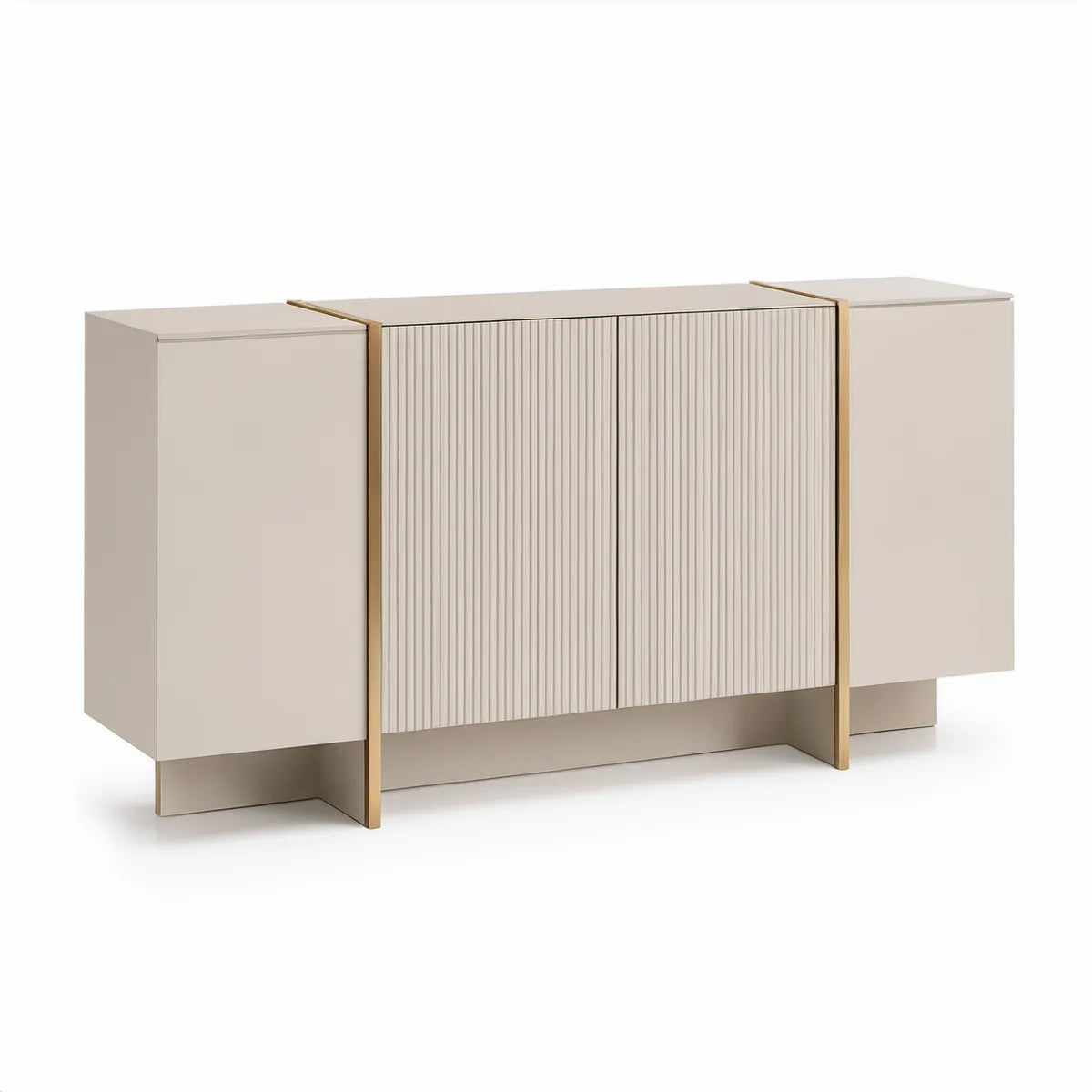 Skænk med 4 låger, lodrette riller og guldfarvede detaljer, beige, 180 x 40 x 80 cm